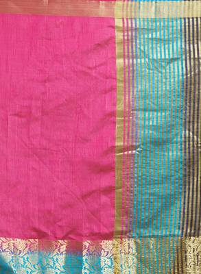 Dark Pink & Blue Color Banarasi Silk Saree With Blouse Piece 4