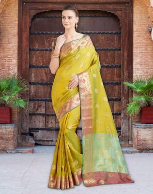 Shaded Green Color Banarasi Silk Saree With Blouse Piece 1
