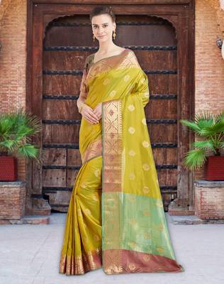 Shaded Green Color Banarasi Silk Saree With Blouse Piece 2