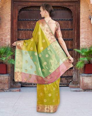 Shaded Green Color Banarasi Silk Saree With Blouse Piece 3