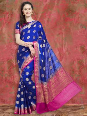 Royal Blue & Pink Banarasi Silk Saree With Blouse Piece 1