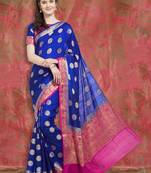 Royal Blue & Pink Banarasi Silk Saree With Blouse Piece