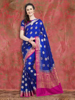 Royal Blue & Pink Banarasi Silk Saree With Blouse Piece 2