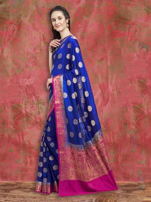 Royal Blue & Pink Banarasi Silk Saree With Blouse Piece 3