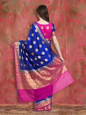 Royal Blue & Pink Banarasi Silk Saree With Blouse Piece 4