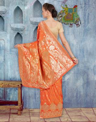 Orange woven art silk saree with blouse 3