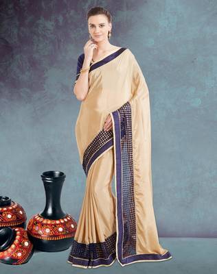 Beige plain satin saree with blouse 1