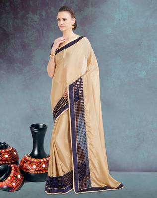Beige plain satin saree with blouse 2