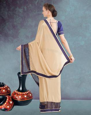 Beige plain satin saree with blouse 3