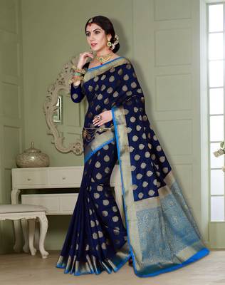Blue woven banarasi silk saree with blouse 2