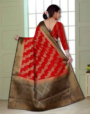 Red woven banarasi saree with blouse 3