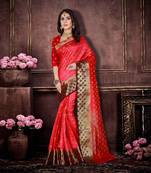 Red woven banarasi saree with blouse