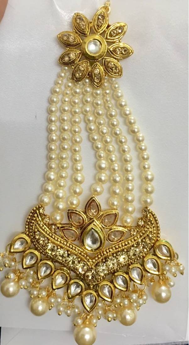 Ethnic India Gold Plated Pearl Kundan Jhumar Passa Hair Accessory Jw14