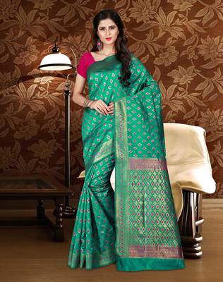 Green woven art silk saree with blouse 1