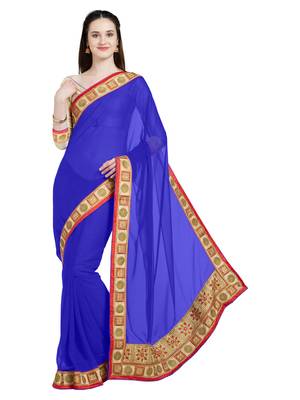 Royal blue embroidered faux georgette saree with blouse 1