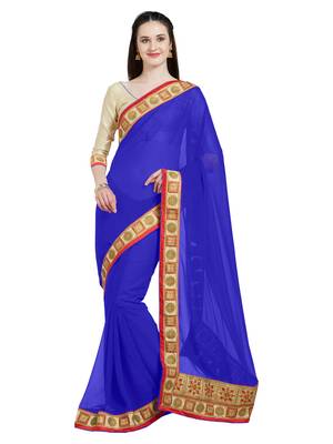 Royal blue embroidered faux georgette saree with blouse 2