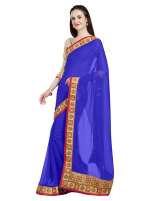 Royal blue embroidered faux georgette saree with blouse 3