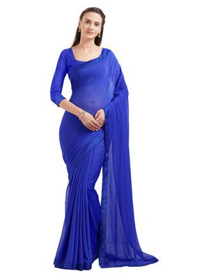 Royal blue embroidered chiffon saree with blouse 1