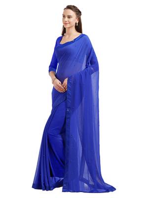Royal blue embroidered chiffon saree with blouse 2