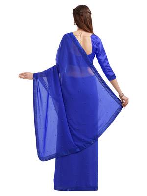Royal blue embroidered chiffon saree with blouse 3