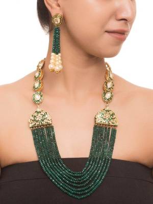 Green Meenakari And Onyx Strings Necklace Set With Tassels Earrings 1