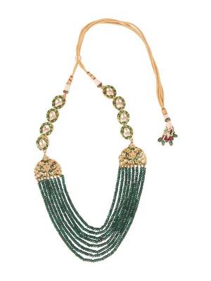 Green Meenakari And Onyx Strings Necklace Set With Tassels Earrings 2