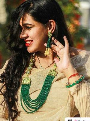 Green Meenakari And Onyx Strings Necklace Set With Tassels Earrings 4