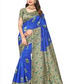 Blue printed art silk sarees saree with blouse