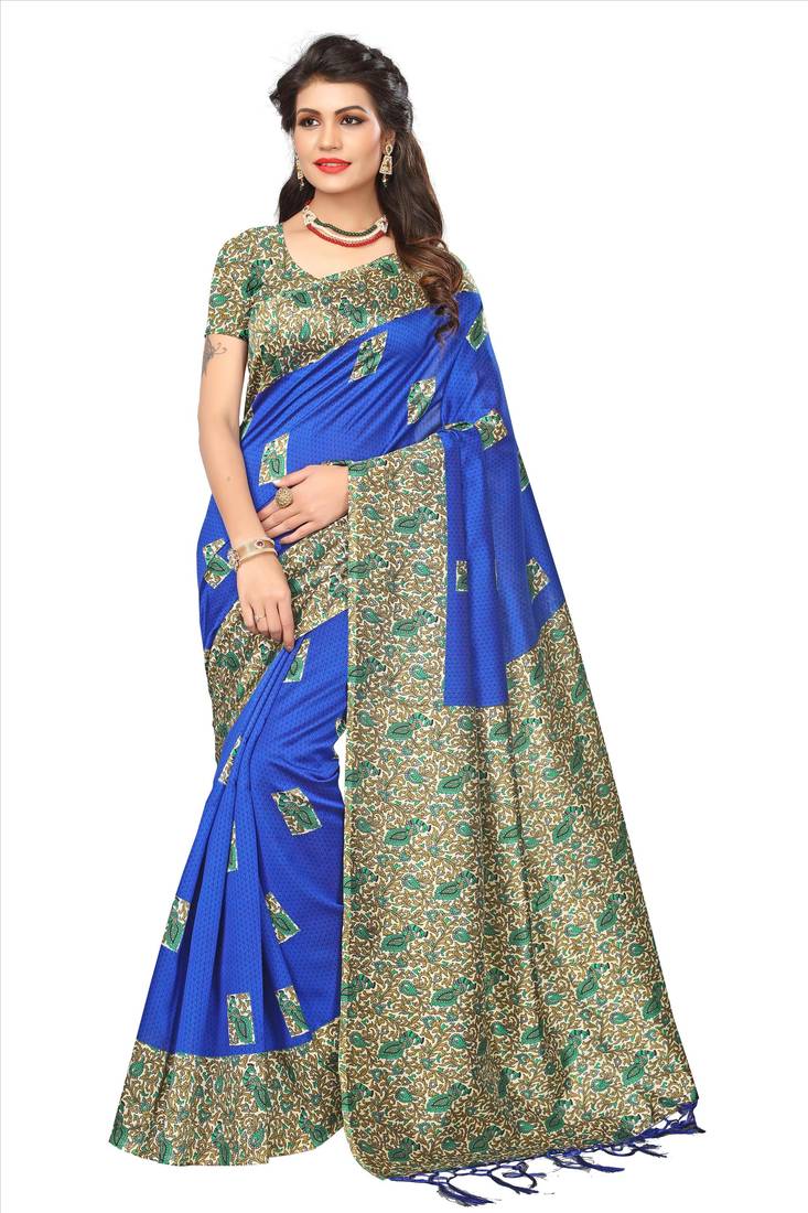 Blue printed art silk sarees saree with blouse