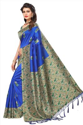 Blue printed silk blend sarees saree with blouse 4