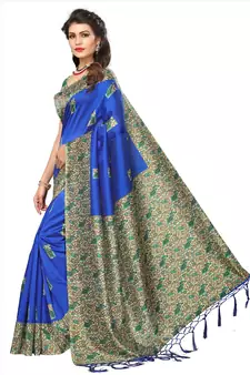 Blue printed art silk sarees saree with blouse