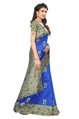 Blue printed silk blend sarees saree with blouse 5