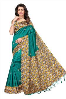 Teal printed art silk sarees saree with blouse