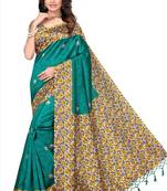 Teal printed art silk sarees saree with blouse