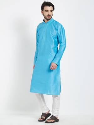 Blue Embroidered Kurta And White Churidar For Men 2