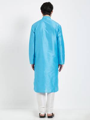 Blue Embroidered Kurta And White Churidar For Men 3