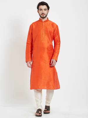 Orange Embroidered Kurta And White Churidar For Men 1