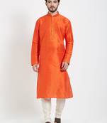 Orange Embroidered Kurta And White Churidar For Men