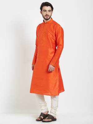 Orange Embroidered Kurta And White Churidar For Men 2