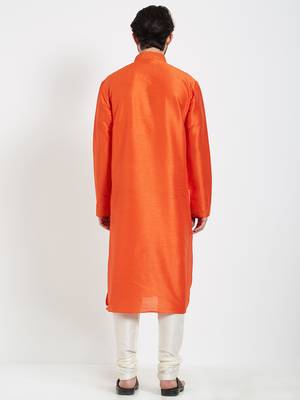Orange Embroidered Kurta And White Churidar For Men 3