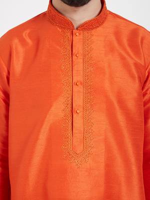 Orange Embroidered Kurta And White Churidar For Men 4