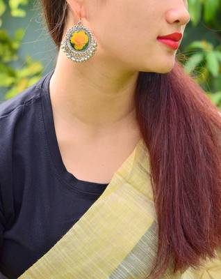 Flower Print Danglers In Oxidized Metal  Yellow Rose Pattern 4