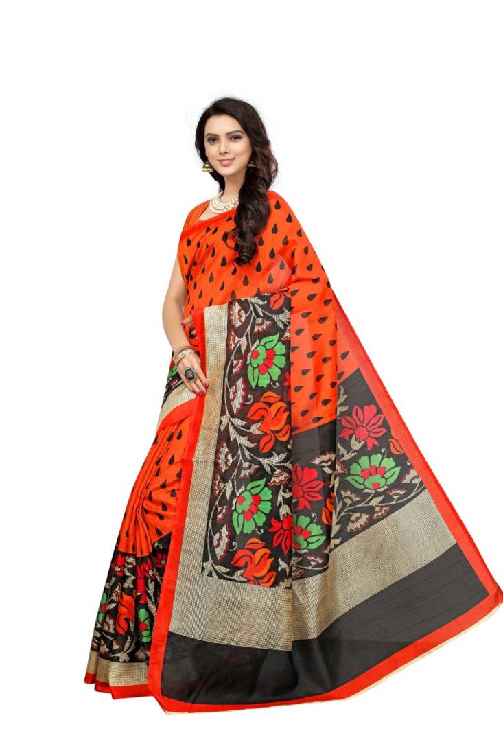 Orange and black printed bhagalpuri silk saree with blouse