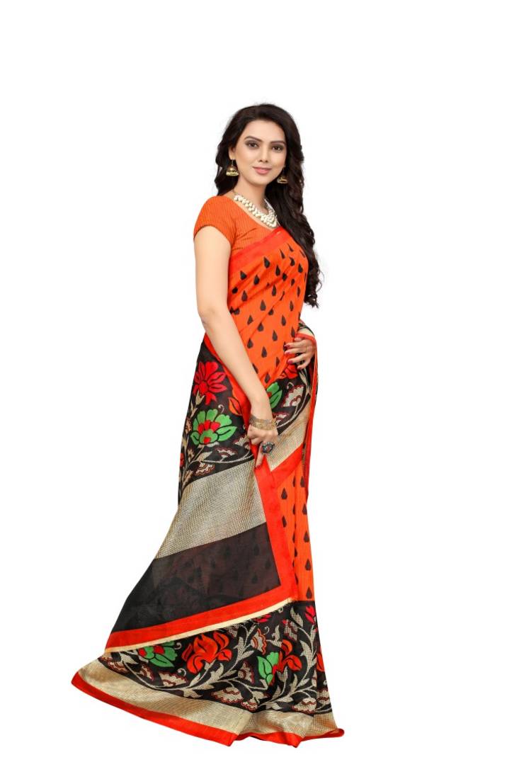 Orange and black printed bhagalpuri silk saree with blouse