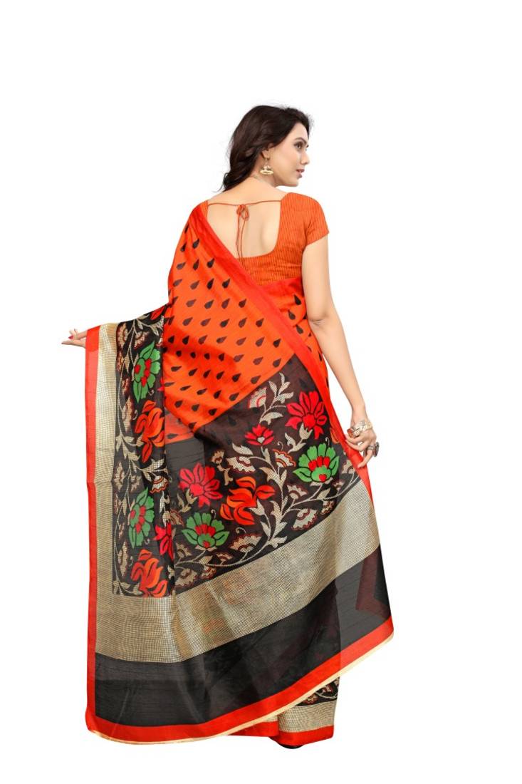 Orange and black printed bhagalpuri silk saree with blouse