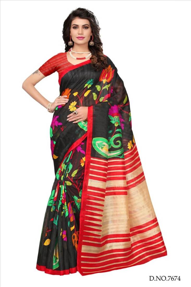 Black and red printed bhagalpuri silk saree with blouse