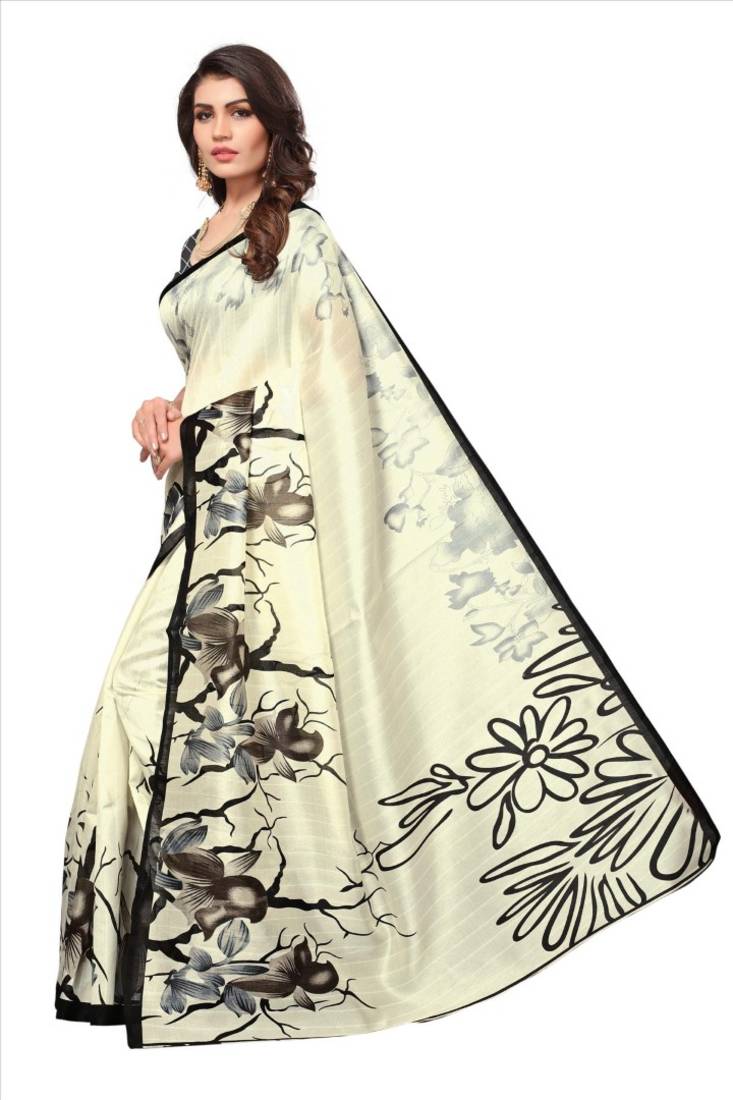 Black and whiteprinted bhagalpuri silk saree with blouse