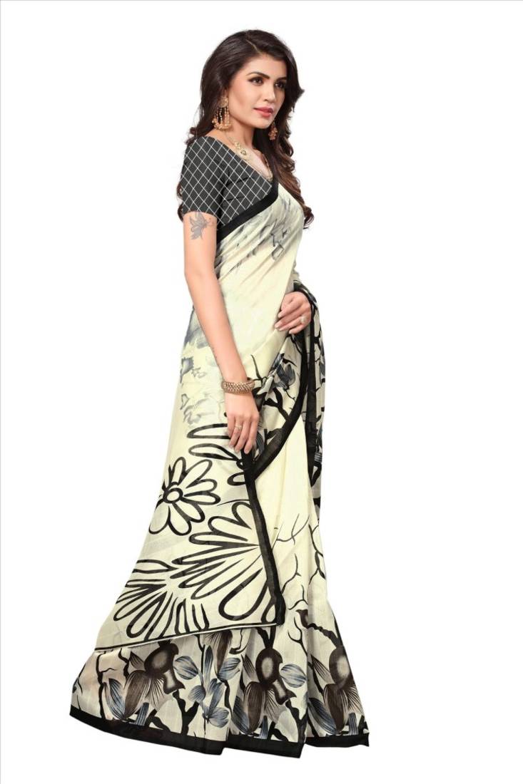 Black and whiteprinted bhagalpuri silk saree with blouse