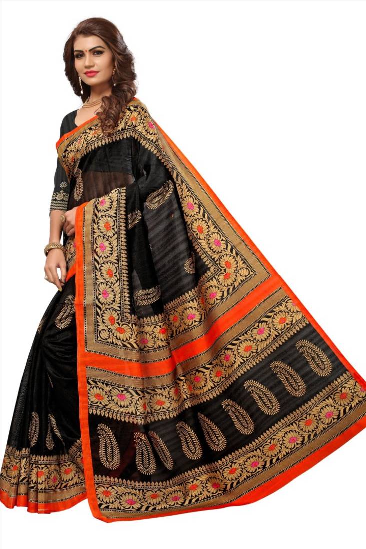 Black and brown printed bhagalpuri silk saree with blouse