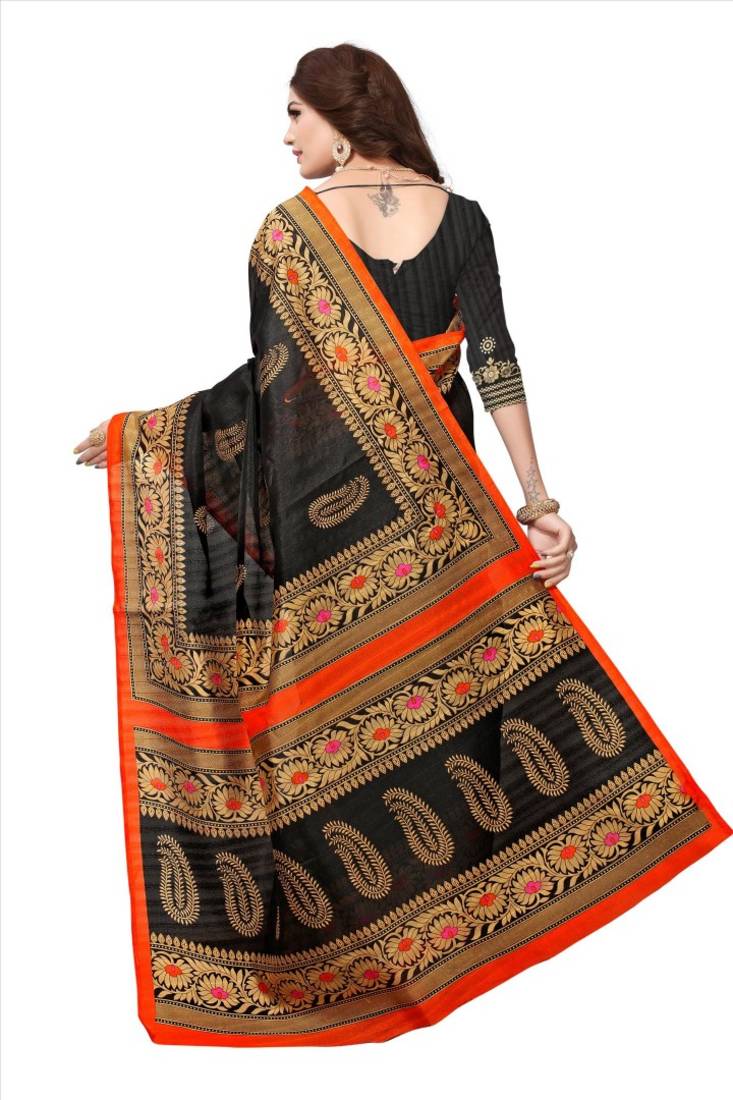 Black and brown printed bhagalpuri silk saree with blouse